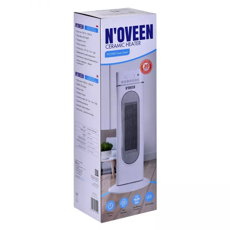 Calefactor cerámico eléctrico NOVEEN PTC3000, 2000 W (1200 W mín.), indicador LED, temporizador, mando a distancia, oscilación, blanco