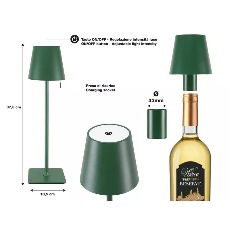 Beper P201UTP115 lámpara de mesa LED recargable, 1,5 W, interruptor táctil, regulable, adaptador para botella de 33 mm, resistente al agua, verde
