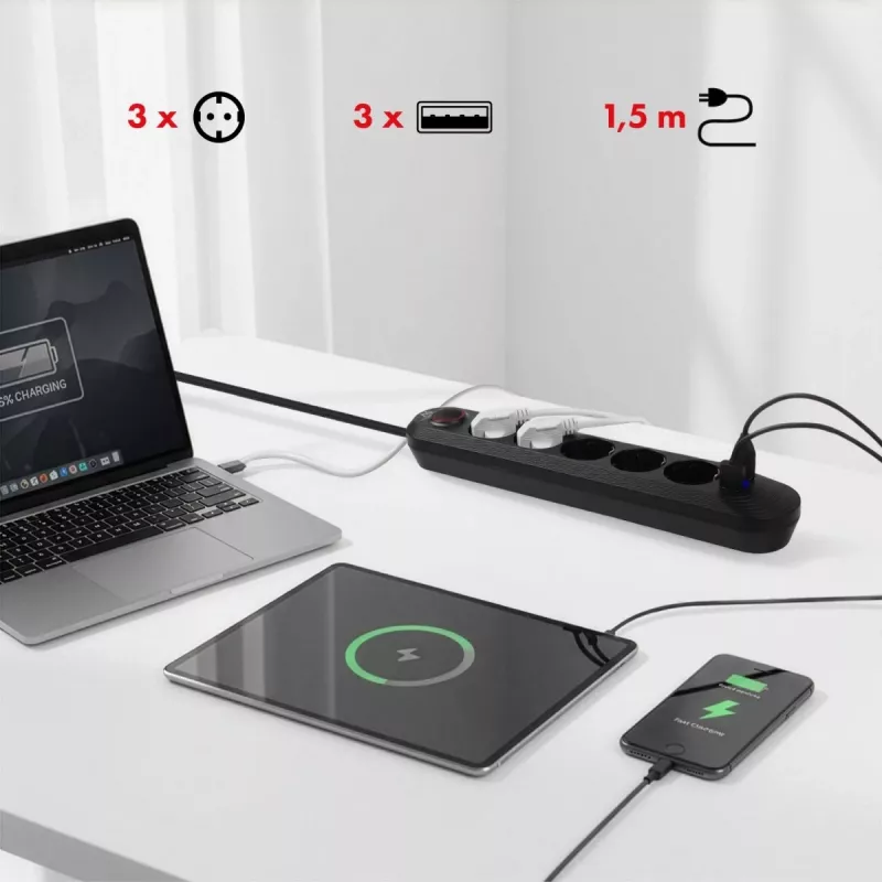 Regleta de enchufes MACLEAN MCE395 B — 5 enchufes, 3×USB, 110–240V AC, 2,1A USB, 2500W, cable de 1,5 m, negra