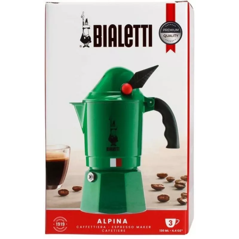 Cafetera moka BIALETTI Moka BREAK ALPINA — 3 tazas, verde, aluminio, asa de baquelita