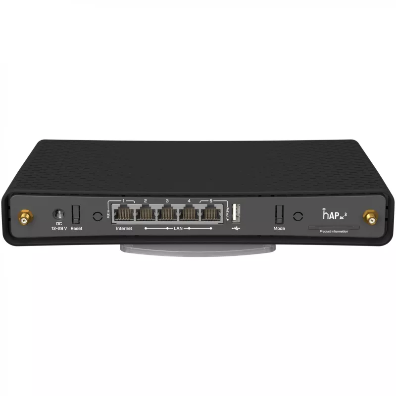 Router de sobremesa MikroTik hAP ac³ dualband Wi‑Fi 5, Qualcomm IPQ4019 719 MHz, 5x Gigabit RJ‑45, 1x USB, PoE, 2 antenas externas, negro