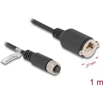 Cable de red DeLOCK M12 A-codificado 8 polos conector hembra a conector hembra RJ45 Cat.5e FTP 1 m negro