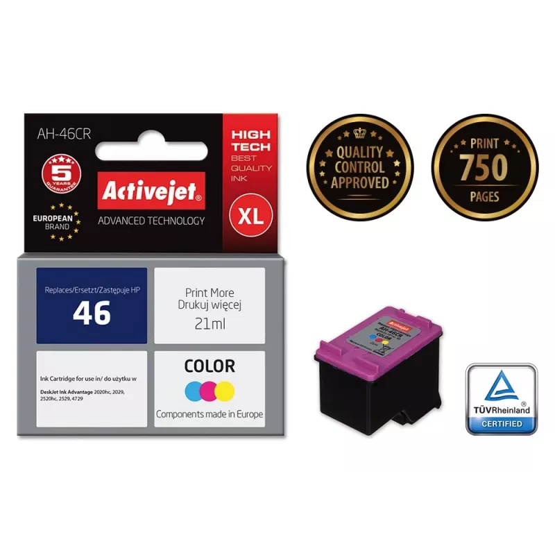Tinta Activejet AH-46CR (sustituto de HP 46 CZ638AA; Premium; 21 ml; color)