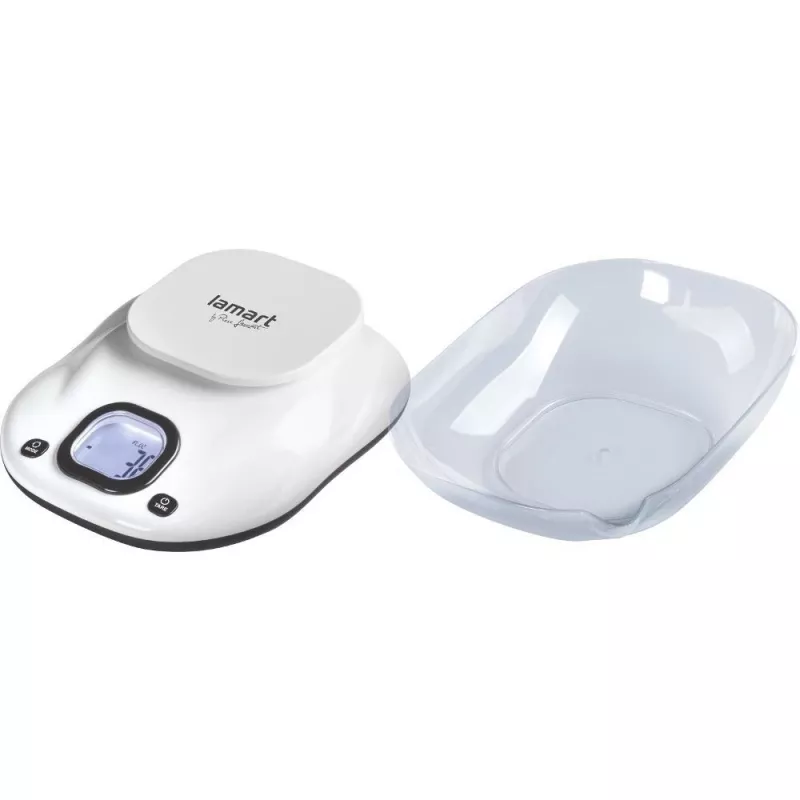 Báscula de cocina LAMART LT7073 — control táctil, gran LCD, bol extraíble, selección de unidades (g/ml/lb:oz), pila AAA
