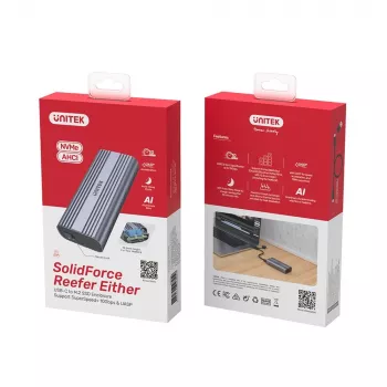 Carcasa SSD Unitek SolidForce Reefer gris — M.2 NVMe PCIe, USB‑C 10 Gbit/s, aluminio, 1 unidad