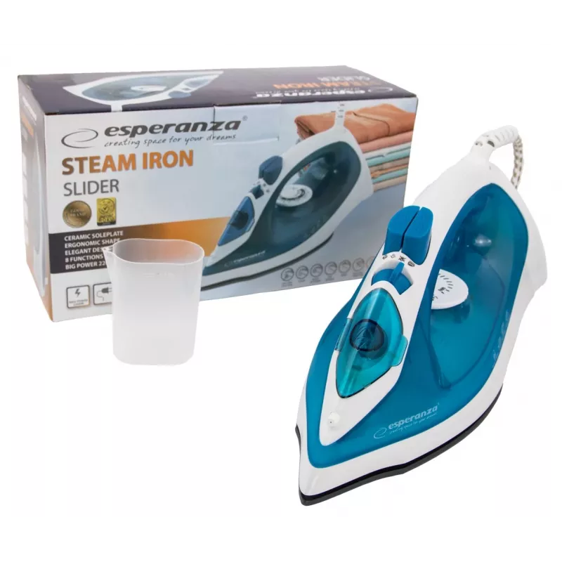 Plancha de vapor Esperanza EHI002 Slider, 2200 W, suela cerámica, vapor vertical, blanca/azul