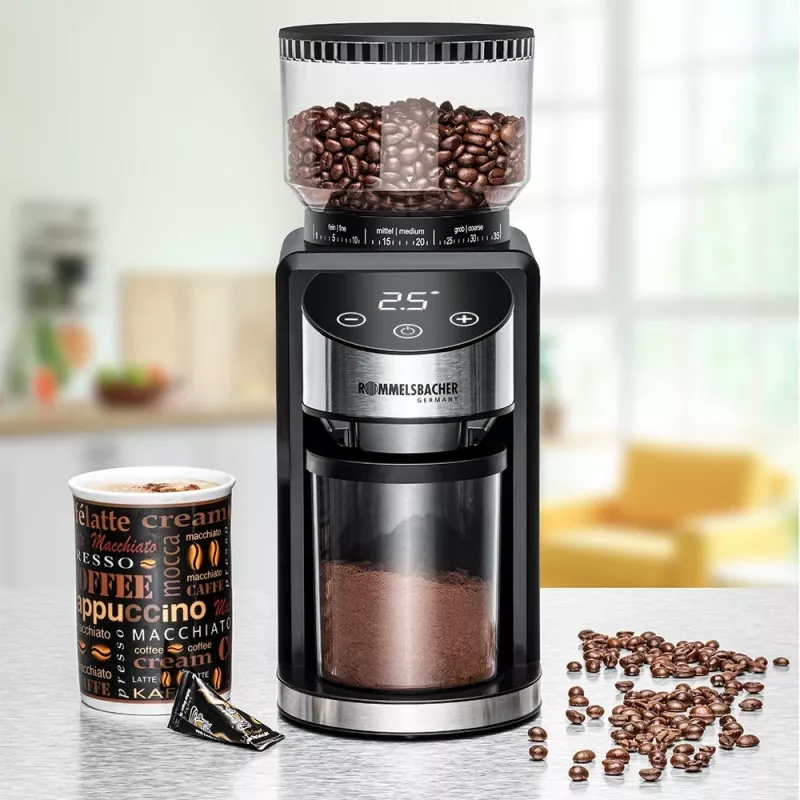 Molino de café con muelas cónicas Rommelsbacher EKM 400 — muelas cónicas de acero inoxidable, 35 grados de molienda, 12 dosis, depósito de 130 g
