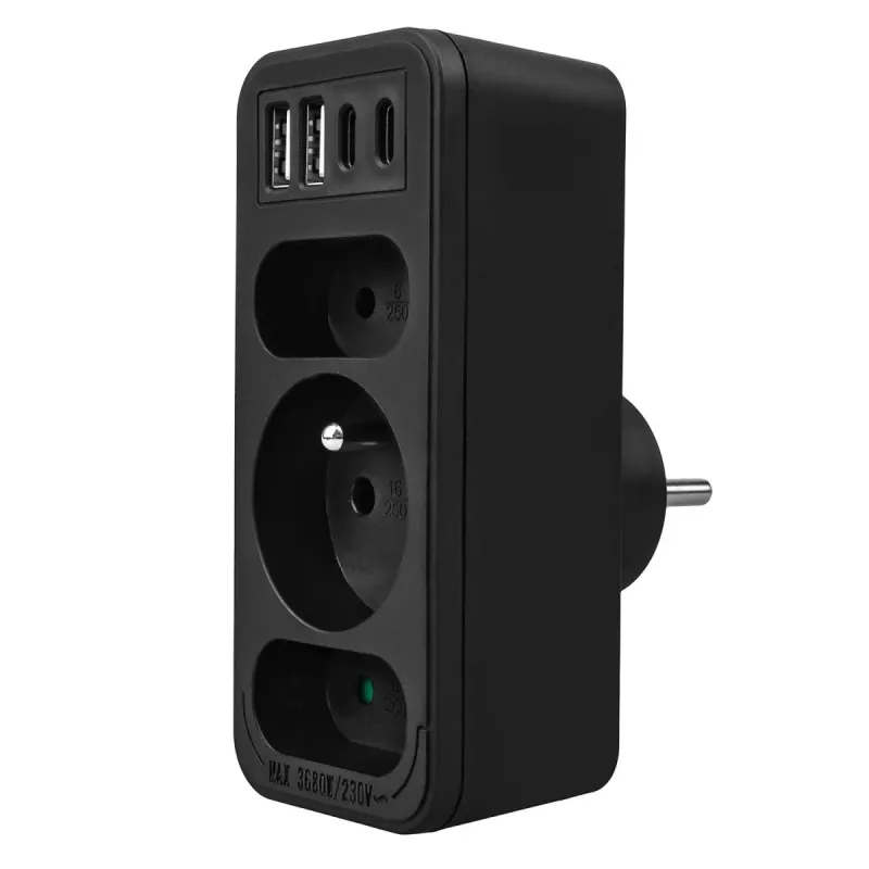 Regleta de enchufes MACLEAN MCE248 F/B — 3 tomas AC (1x16A, 2x6A) y 4 puertos USB (2xUSB‑A, 2xUSB‑C PD 20W), conector EU, negro