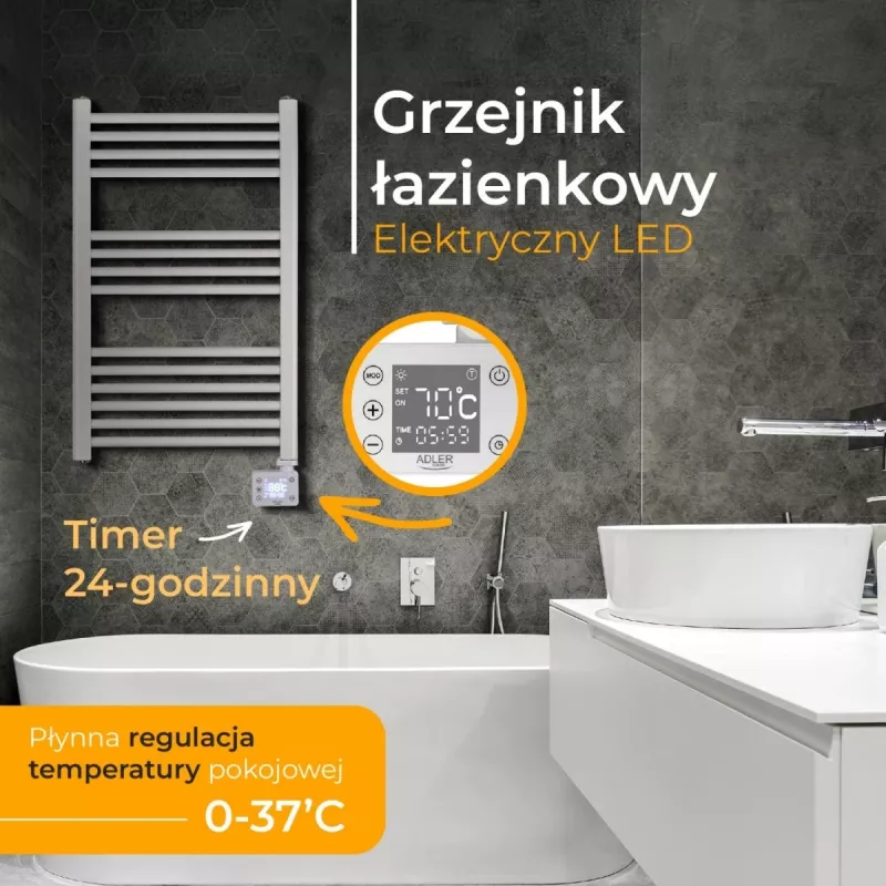 Radiador eléctrico de baño Adler AD 7824 600 W, blanco, IP24, montaje en pared, 500×900 mm
