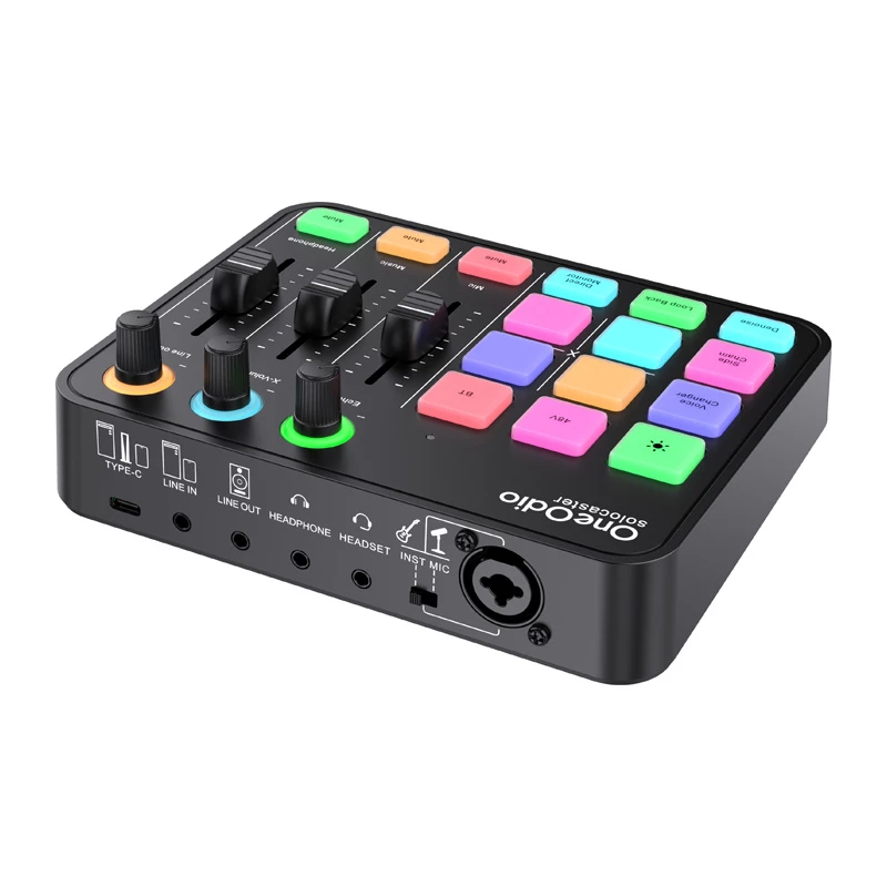 Mezclador de audio y tarjeta de sonido USB OneOdio Solocaster – interfaz de sobremesa compacta para streaming y grabación
