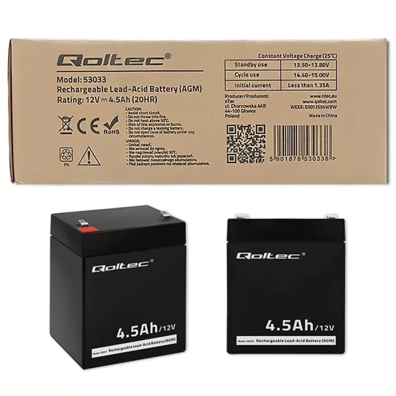 Qoltec 53033 batería AGM 12 V 4,5 Ah, máx. 1,35 A, sin mantenimiento