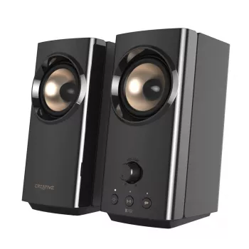 Altavoces de escritorio compactos Hi-Fi CREATIVE T60 2.0 con diálogo claro y sonido envolvente mediante Sound Blaster SmartComms Kit, conexiones de audio USB-C, micrófono y auriculares B