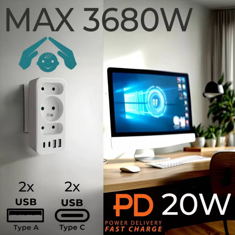 Regleta de enchufes MACLEAN MCE248 F/W — 3 tomas AC (1×16A, 2×6A) + 4×USB (2×A, 2×C PD 20W), conector EU, blanco