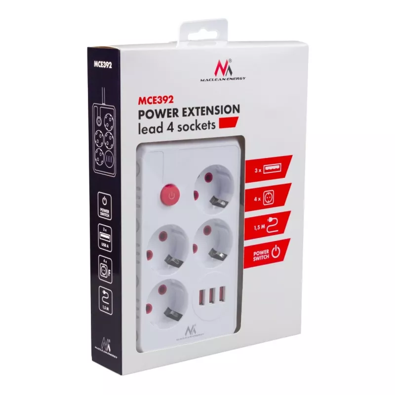 Regleta MACLEAN MCE392 W — 4 tomas de corriente F, 3×USB A, 110–240 V, 2,1 A máx., 2500 W, cable de 1,5 m, blanca
