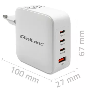 Cargador QOLTEC 51828 140W GaN 3×USB‑C PD + 1×USB‑A QC 3.0 – cargador rápido multipuerto
