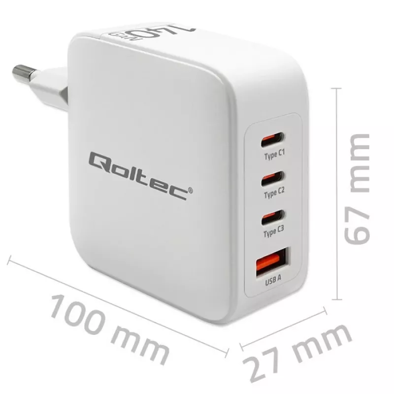 Cargador QOLTEC 51828 140W GaN 3×USB‑C PD + 1×USB‑A QC 3.0 – cargador rápido multipuerto