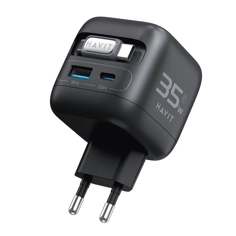 Havit UC250 A-EU cargador de viaje GaN con cable extensible, negro