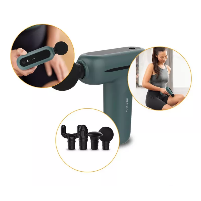 Medisana MG 200 mini pistola de masaje, Smart Mode, 4 cabezales, 5 niveles de intensidad, 147 x 126 x 50 mm, gris