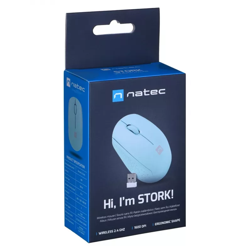 Natec Stork NMY-2001 ratón óptico inalámbrico, 1600 DPI, receptor USB, azul