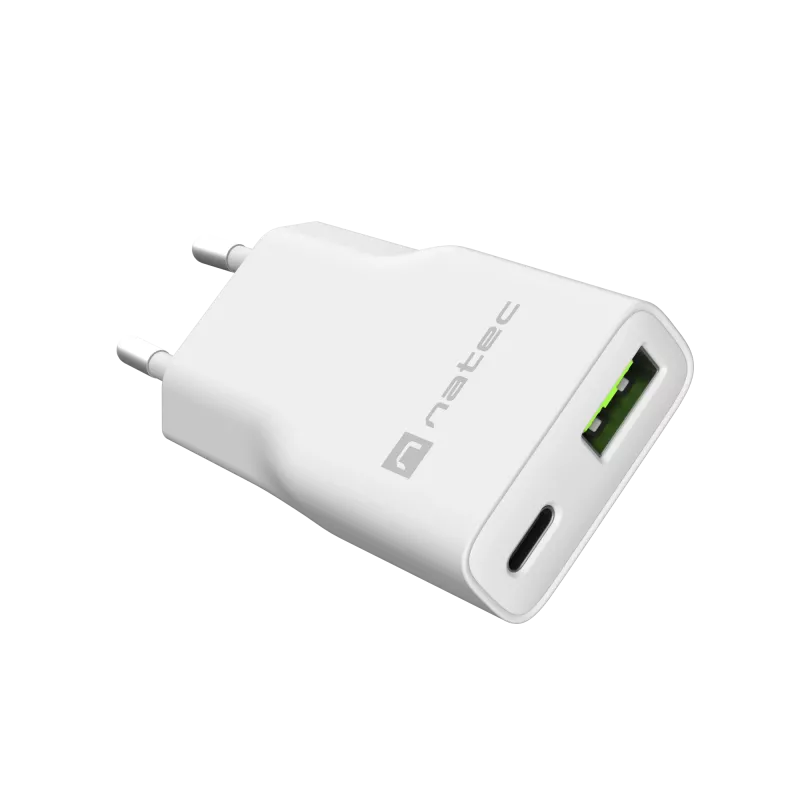 Fuente de alimentación NATEC Ribera NUC-2376 — 1× USB-A, 1× USB-C, salida 3 A