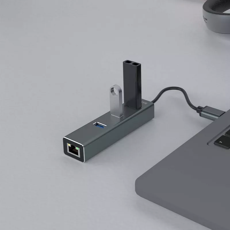 Hub USB-A SAVIO con RJ-45 Gigabit Ethernet AK-57 — 3× USB-A + RJ-45, host USB 3.2 Gen 1 Micro‑B, 5 Gbit/s, 4 puertos, gris