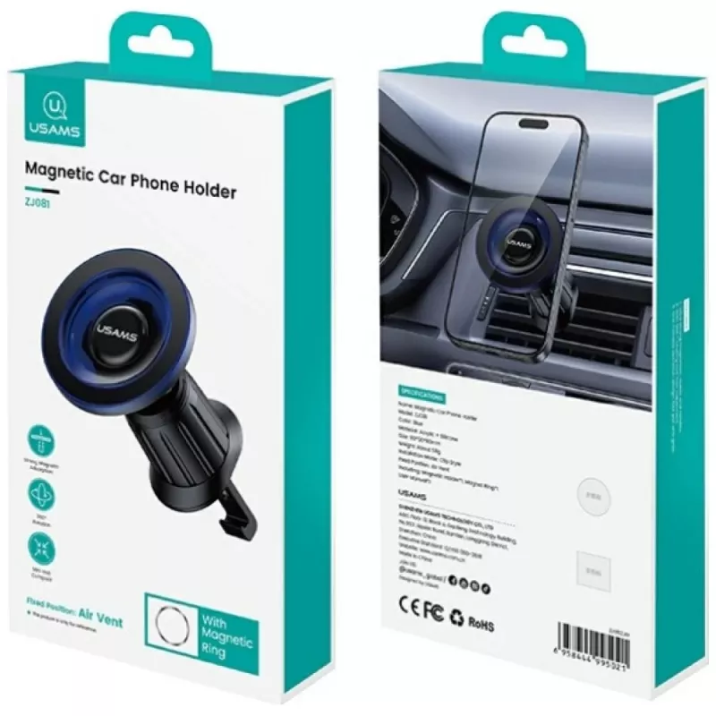 Soporte magnético para móvil en el coche usams ZJ081 — soporte magnético para smartphones, diseño compacto, instalación sencilla