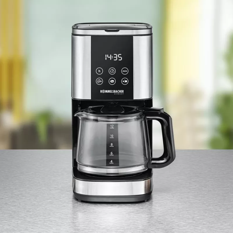Cafetera de filtro Rommelsbacher FKM1000, depósito de agua de 1,5 L, 12 tazas, acero inoxidable/negro