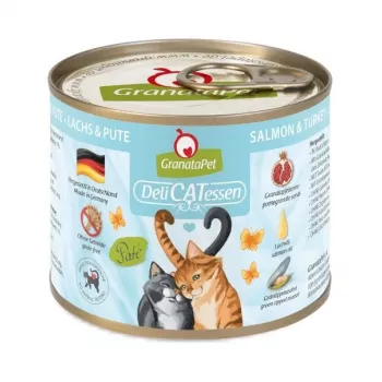 Comida húmeda para gatos Fox4Pets DeliCATessen Salmón y pavo 200 g — sin cereales, sin gluten, alimento completo para gatos adultos