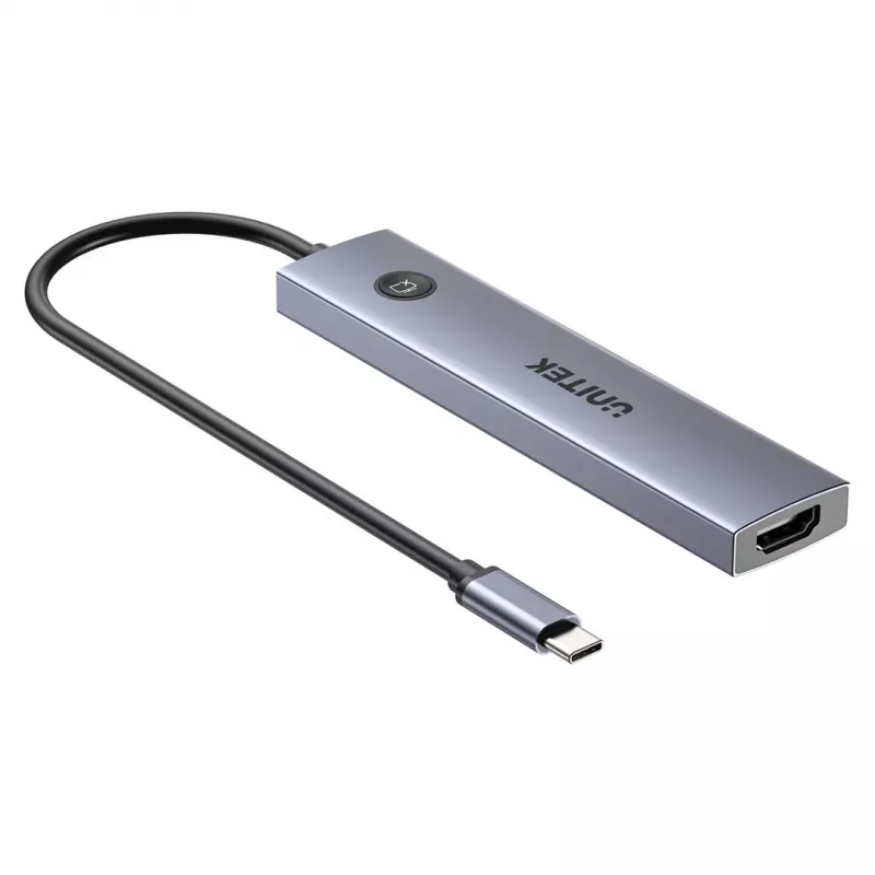 Hub USB-C Unitek H1124AGY01 con 100W PD, HDMI 2.0, 2x USB‑A, 2x USB‑C, lector de tarjetas SD/microSD — aluminio