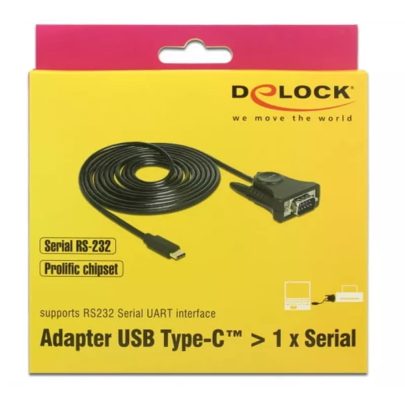 Delock 62964 Adaptador de USB-C a serie DB9 RS-232, 1,8 m, negro