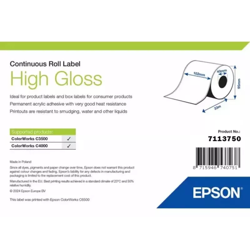 Rollo de etiquetas Epson 7113750 brillante, 102 mm de ancho x 33.000 mm de largo