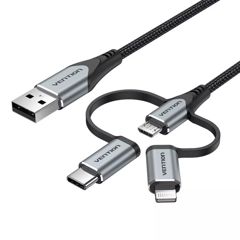 Cable Vention USB 2.0 conector macho A a conector macho 3 en 1 Micro-B&USB-C&Lightning 1M Gris Aleación de aluminio
