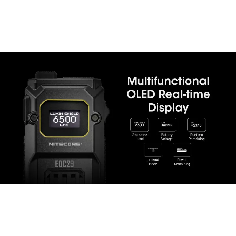 Linterna de mano Nitecore EDC29 carcasa de acero inoxidable, 2 LED, 15–6500 lm, IP54, recargable por USB