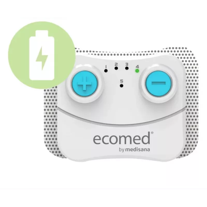Electroestimulador Medisana TT-10E TENS inalámbrico recargable — 5 programas, 10 niveles de intensidad, 2 electrodos (74×55 mm)
