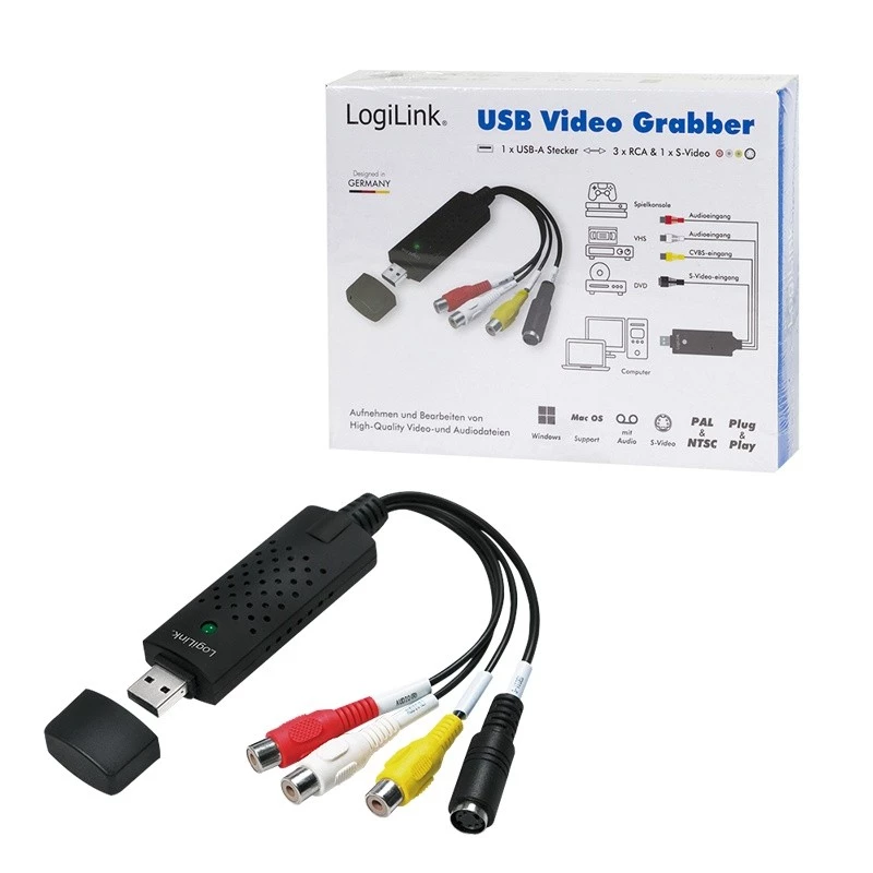 Capturadora USB 2.0 de audio/vídeo LogiLink. USB A/M a 3xCinch + MiniDIN5/H. Negro