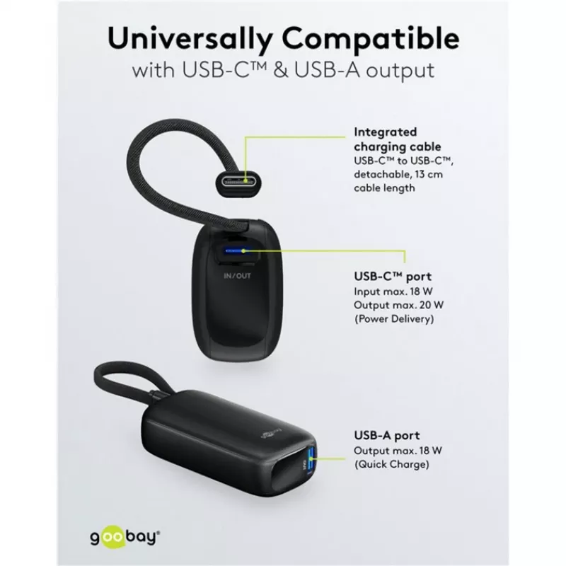 Batería externa 5.000 mAh, cable USB-C integrado de 13 cm, 20 vatios (negro, 5 Ah, 1x USB-A, 1x USB-C, PD, QC)