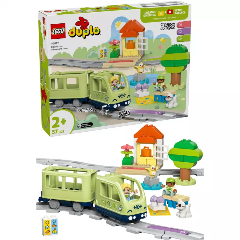 Set de tren de juguete LEGO DUPLO Tren de aventuras interactivo 10427, 57 piezas, 2 minifiguras, para niños a partir de 2 años