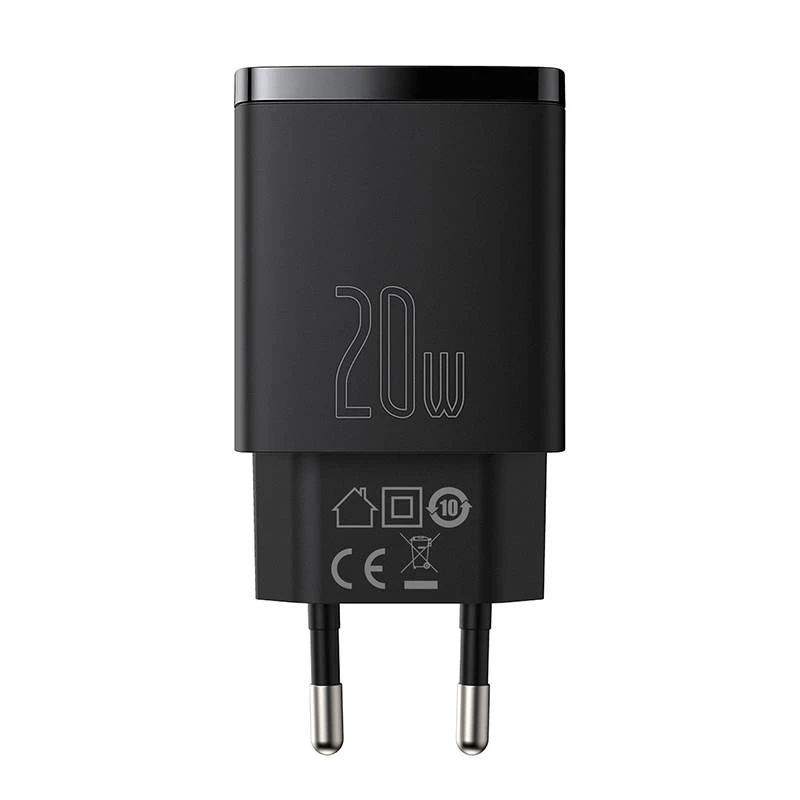 Cargador rápido USB de interior Baseus CCXJ-B01 – 2 puertos (USB-C PD 20W + USB-A QC3.0 18W), 100–240 V, negro