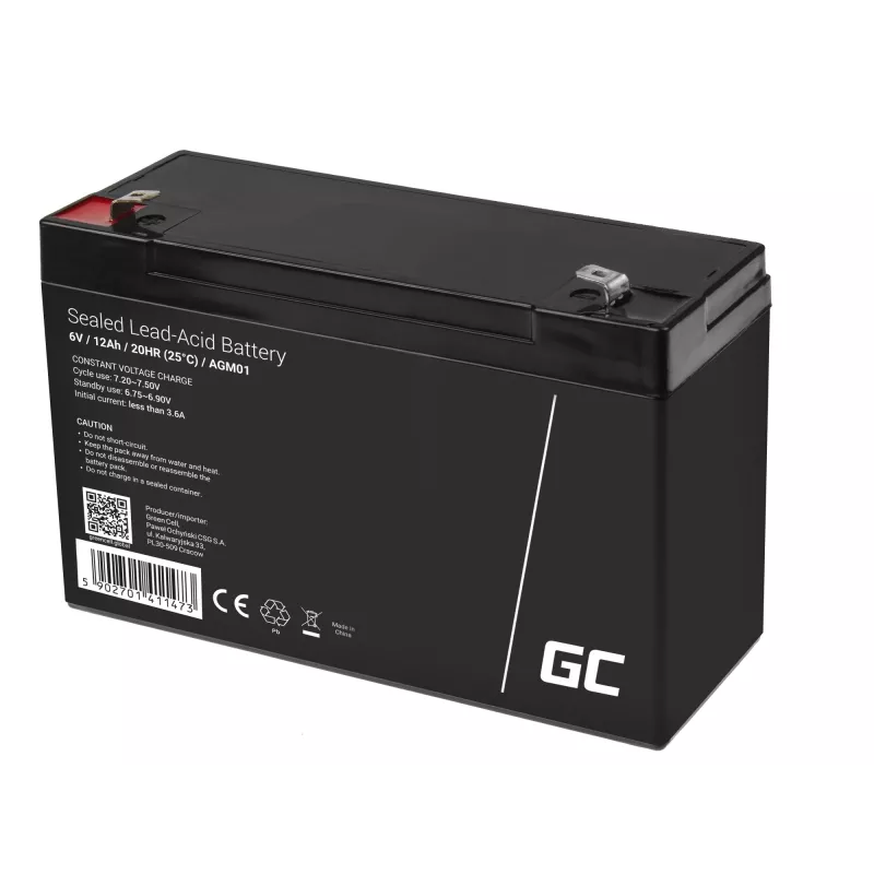 Batería de plomo-ácido sellada (VRLA) AGM Green Cell 6V 12Ah, 94×151×50 mm, 1,65 kg