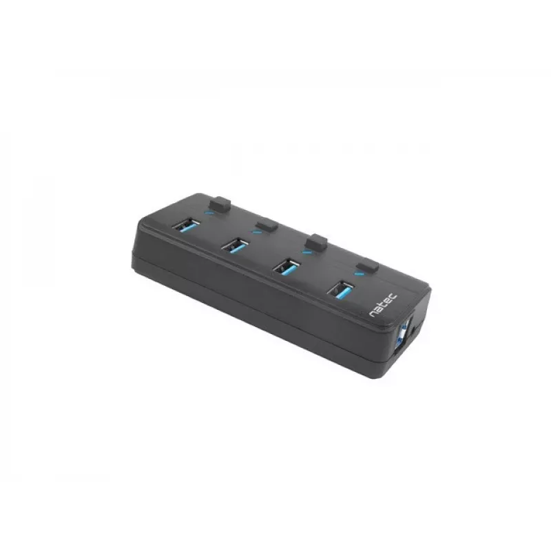 Natec Mantis 2 NHU-1557 hub USB 3.0 de 4 puertos, entrada USB Type-B, interruptores de encendido/apagado, adaptador de corriente, negro