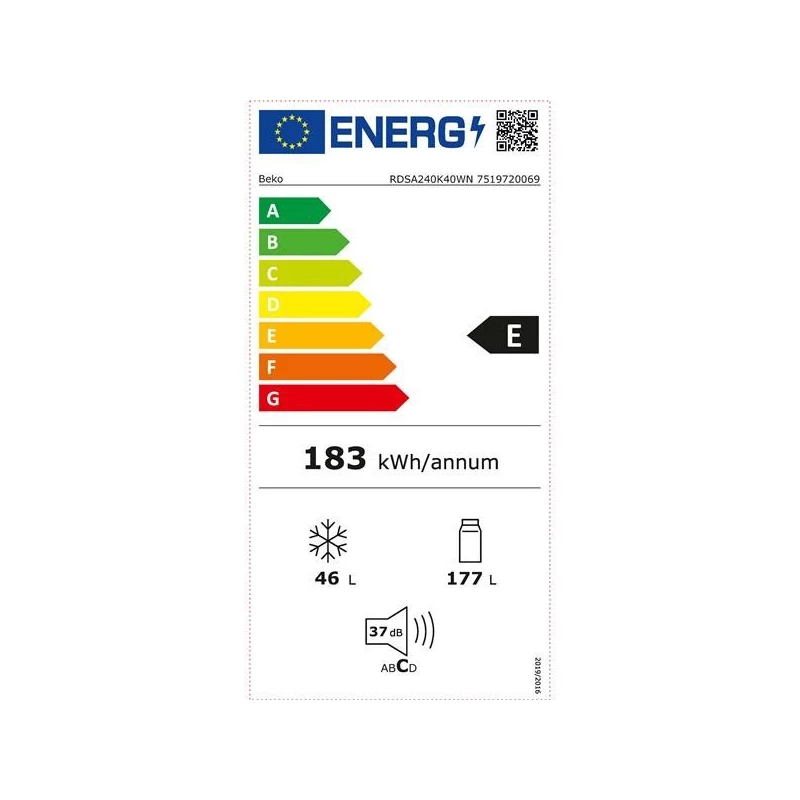Frigorífico BEKO RDSA240K40WN, clase de eficiencia energética E, altura 146,5 cm, blanco