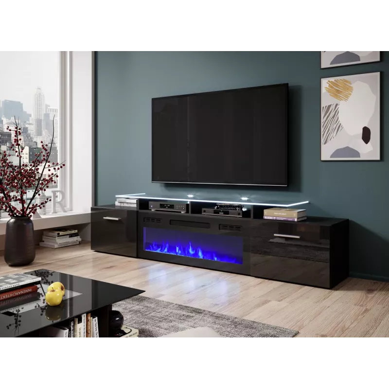Mueble TV Cama Meble ROVA con chimenea eléctrica, 190x37x48 cm, negro/negro brillante