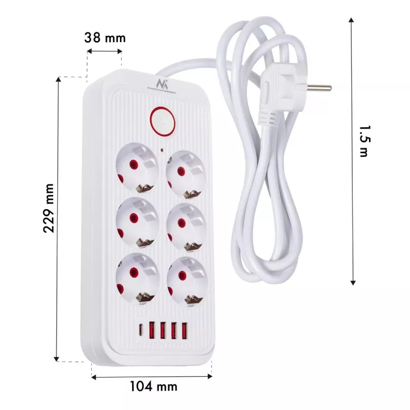 Regleta de enchufes MACLEAN MCE389 W — 6 enchufes, 4×USB-A, 1×USB-C, 2500W, 110–240V, cable de 1,5 m, blanca