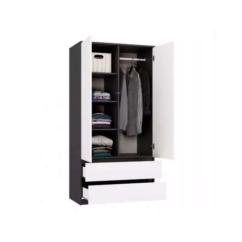 Armario top e shop MALWA SS-90, 90×180×50 cm, marco antracita, puertas batientes blancas, 2 cajones, laminado 16 mm
