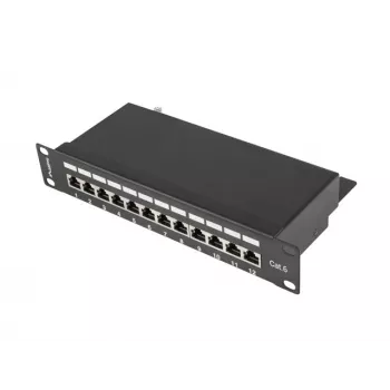 Patch panel LANBERG PPF6-9012-B — 12 puertos RJ45, metal, negro, 1U (215×44,5×130 mm)
