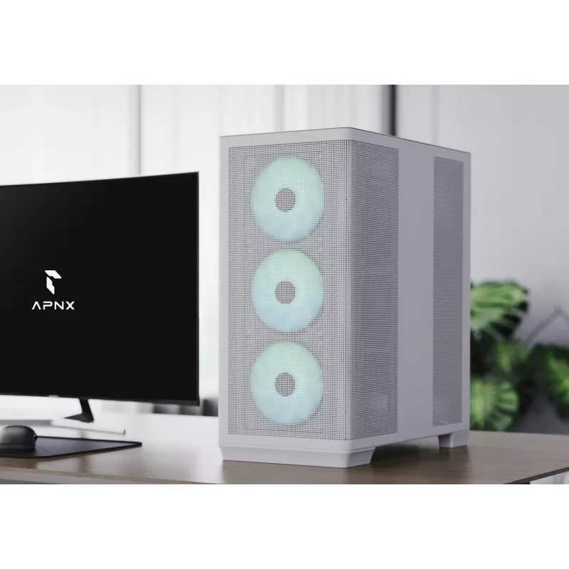 APNX Caja de PC Semitorre C1-R-WT-v1 — Blanca, compatible con ATX/Micro-ATX/Mini-ITX, 3 ventiladores frontales de 120 mm preinstalados, 3 bahías de 3,5 pulgadas + 3 de 2,5 pulgadas, USB 3.2 Gen1 x2