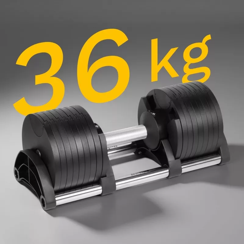 Mancuerna de hierro fundido ajustable Rebel Active 36 kg, pasos automáticos de 2 kg