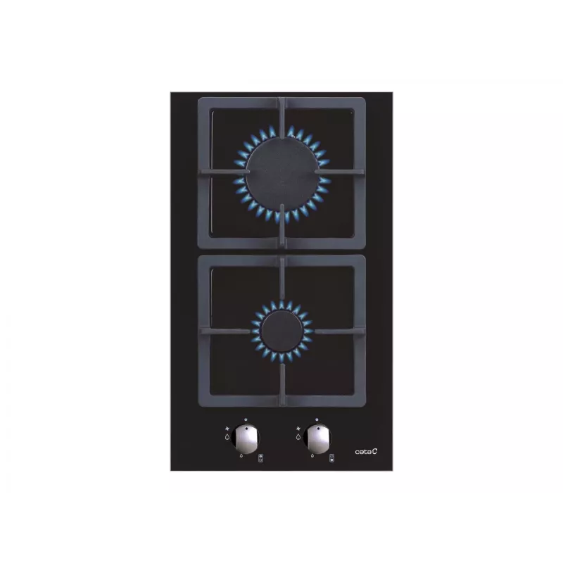 Placa de gas integrable CATA SCI 3002 BK, 30 cm, 2 zonas, mandos giratorios, cristal negro