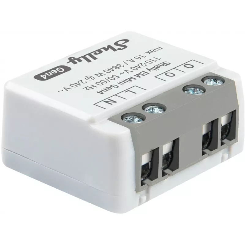Relé inteligente Shelly Relay EM Mini Gen4 1 canal Wi‑Fi Matter Zigbee Bluetooth 8A, 110–240V, Medidor de energía