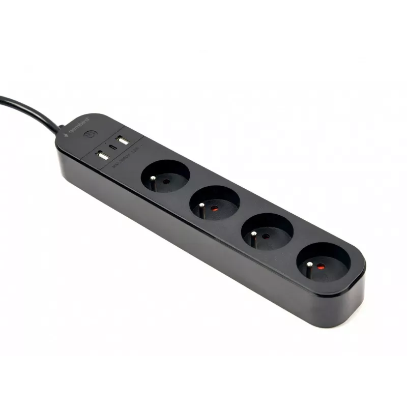 Regleta de enchufes GEMBIRD TSL-PS-F4U-02 con 4 tomas PL y cargador USB, negra